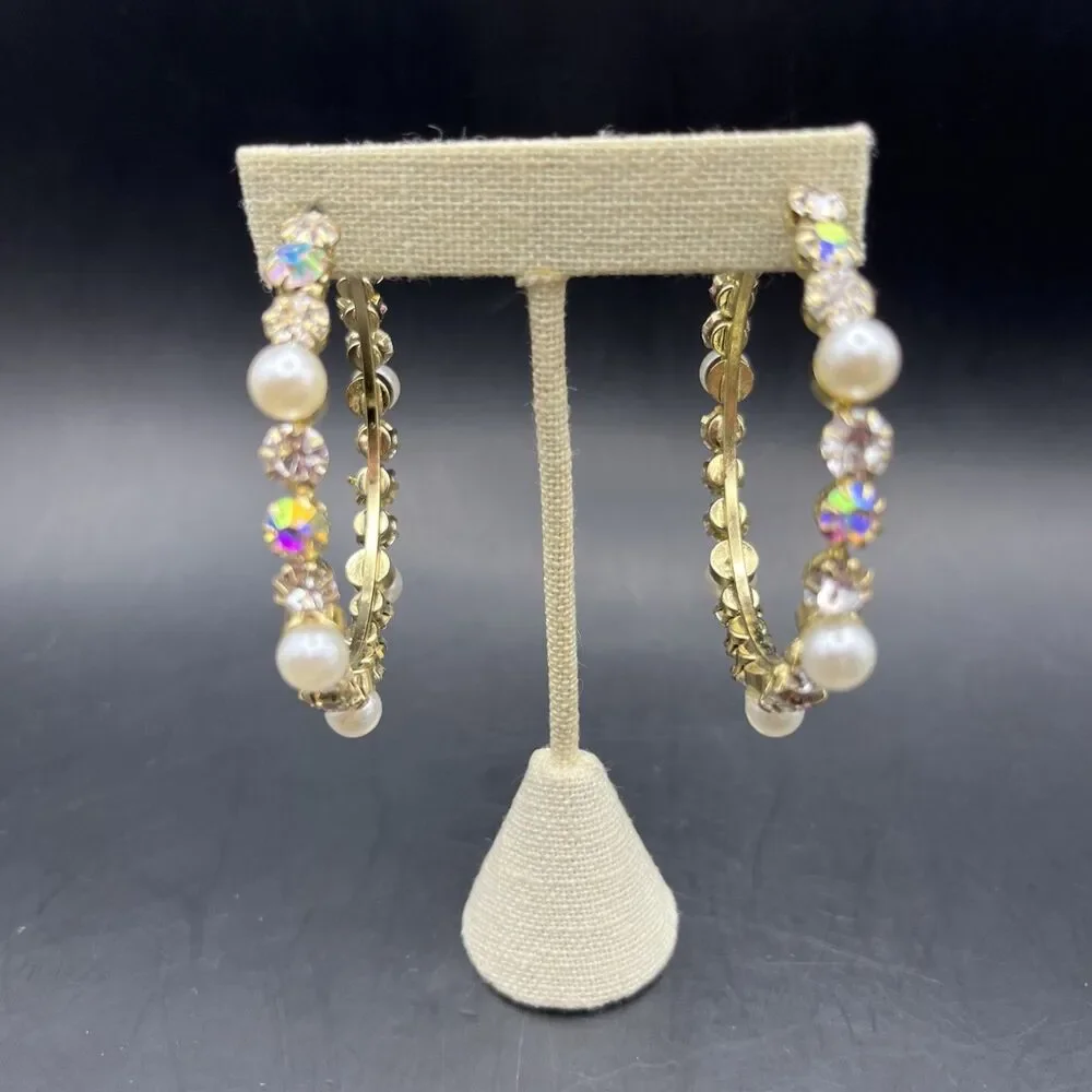 Big Bold Glam Hoop Earrings Faux Pearl Aurora Borealis Clear Rhinestone Goldtone